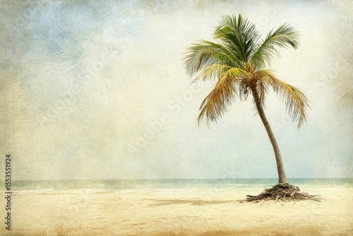 Solitary palm tree on a tranquil beach under a serene sky.