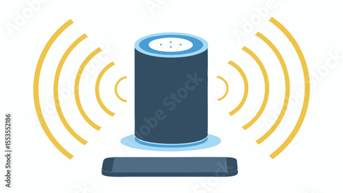 a smart speaker emitting sound waves with a smartphone nearby on a white background