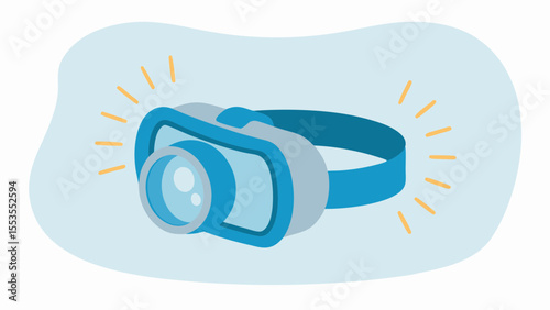 a blue headlamp with a white lens and yellow light rays against a light blue background