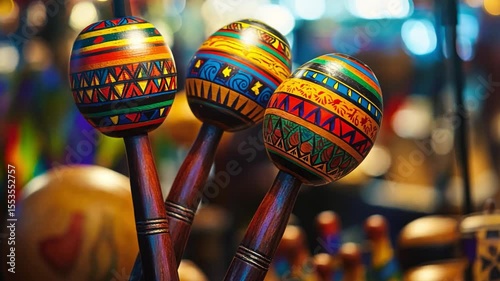 This footage captures beautifully designed maracas. Their bright colors and patterns add life to any scene. Ideal for music or cultural projects. Generative AI