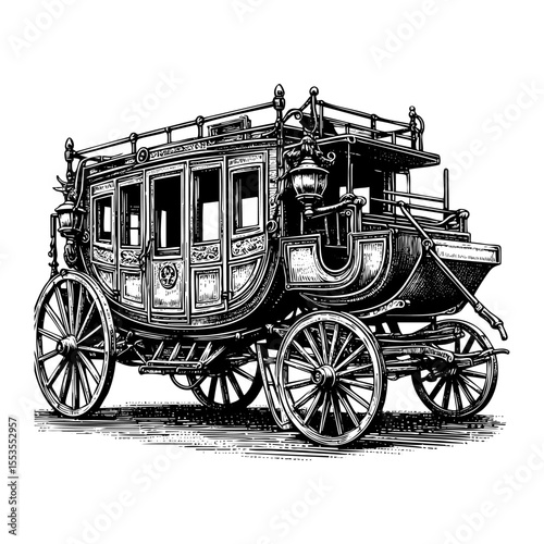 Luxury Royal family wagon sketch engraving black and white outline. Scratch board imitation.  illustrated in vintage line art style on a white background.