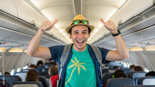 A happy traveler is on a plane giving a thumbs up sign. He is wearing sunglasses and a straw hat, symbolizing vacation and travel