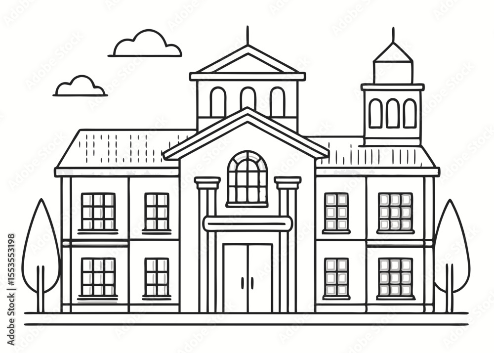 Fototapeta premium Line Art Illustration of a Grand school Building with Symmetrical Design and Classical Elements