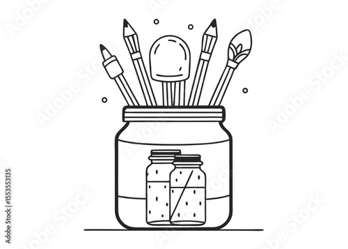 Line Art Illustration of Art Supplies in a Jar with a Jar Label