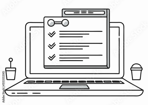 Laptop with a Checklist Document Two Small Plants and a Clean White Background