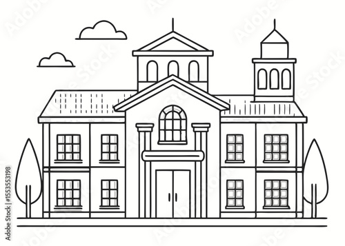Line Art Illustration of a Grand school Building with Symmetrical Design and Classical Elements
