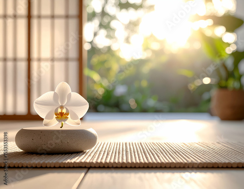 White Orchid on Stone and Mat in Sunlit Japanese Room