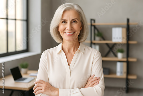 Confident mature businesswoman with elegant gray hair stands smiling in a bright modern office, showcasing professional leadership and experience