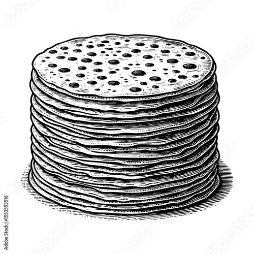 stack of tortilla sketch engraving black and white outline. Scratch board imitation.