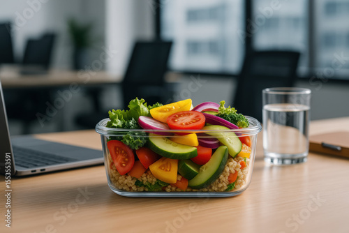 Fresh vegetable salad with tomato, cucumber, bell pepper, onion, and lettuce in glass container on office desk, healthy lunch option