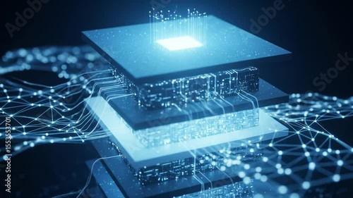 Data Processing with Blue Glowing Lines Connecting Layers Technology