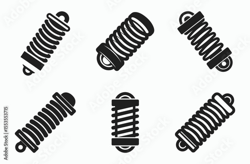tension spring icon set, coil spring vector, metal spring silhouette, black wire spring