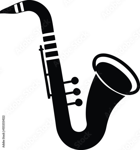 Isolated black silhouette of a saxophone is visible against a transparent white background here