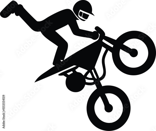 Isolated silhouette illustrates stunt biker performing airborne wheelie on motorcycle with transparent background