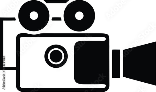 A retro black film camera is shown in a simple iconic outline on white