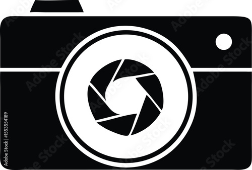 Simple black camera icon with a central lens aperture design stands out on white