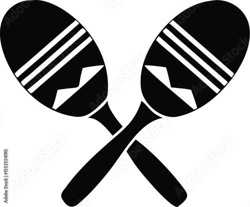 Two crossed maracas face upwards, sporting striped decoration, presented on a transparent backdrop