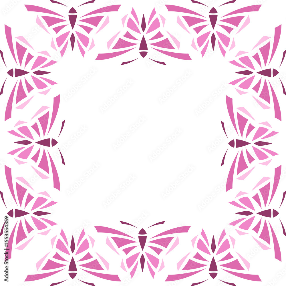 Obraz premium Fantasy square frame of pink butterflies. Soft cheerful ornament. Boho design in printed batik style. Romantic ethnic isolated png illustration on transparent background. Cute summer decor for girl