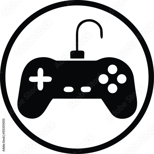 Black gamepad icon with hanger inside a circular border displays a gaming concept