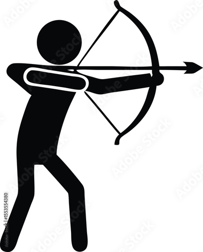 Archer figure icon with bow and arrow aims to shoot towards the target on white