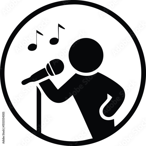 Black silhouette person sings with microphone accompanied by musical notes inside white circle isolated