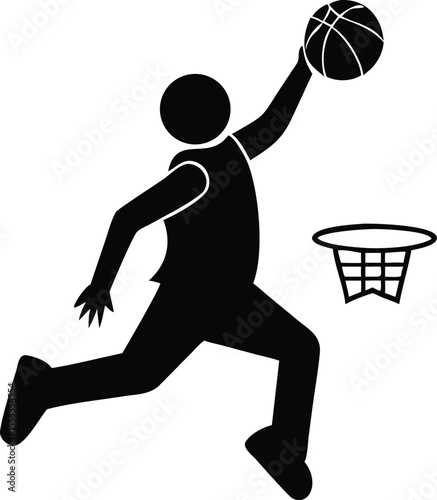 A stick figure player jumps to dunk the ball into the basket shown against white