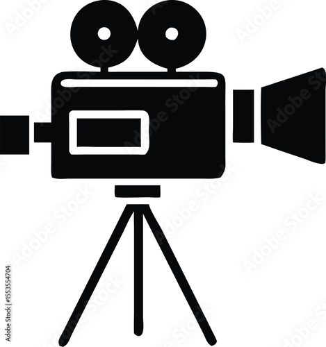 Vintage film camera is standing on a tripod, showcasing movie equipment isolated on white