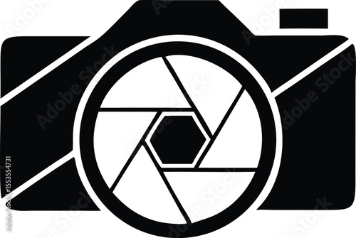 Black camera icon features circular lens with internal segmented aperture displayed against a white background