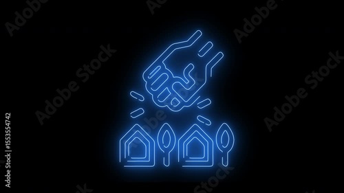 Real estate investment icon with hand and house structures in futuristic neon outline