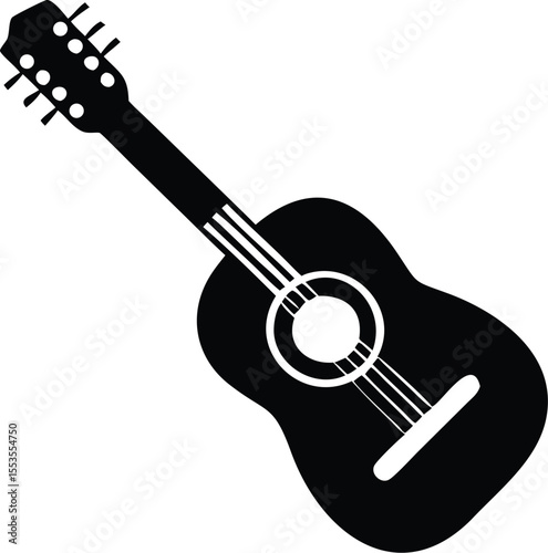 A black and white acoustic guitar is displayed against a transparent background here