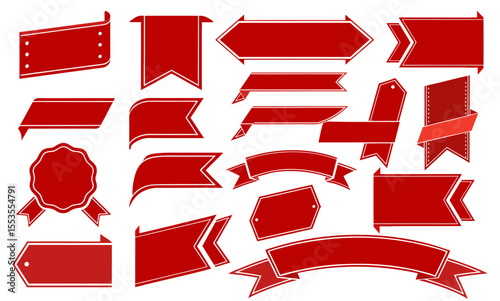 Set red ribbons, tags and stickers for promotion. Vector illustration