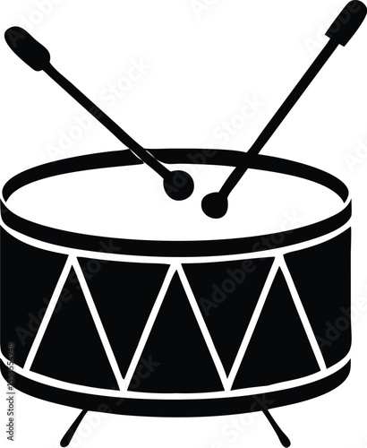 Black drum silhouette with crossed sticks and triangular design stands on legs, isolated