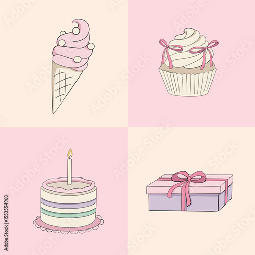 Cute Pastel Girlish Birthday Cake With Candles Vector Illustration.