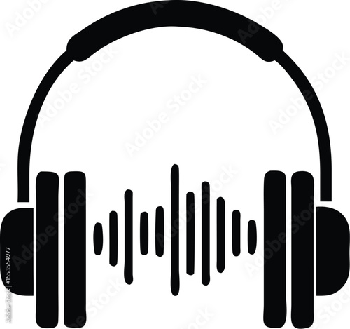 Black depicts headphones overlaying a sound wave display on a transparent background