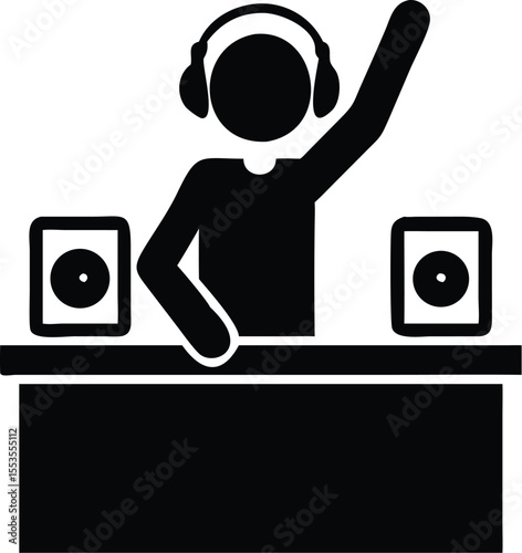 Black silhouette shows person raising arm while DJing music with speakers on transparent background