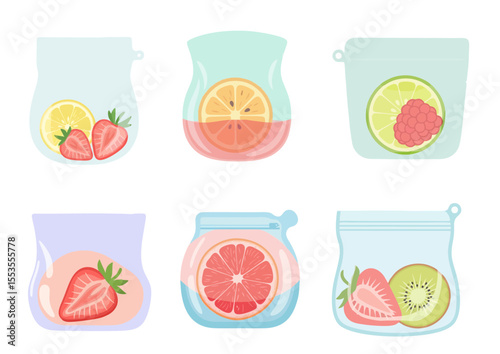 Reusable silicone food bag with strawberries and lemon slice, pastel colors on white background