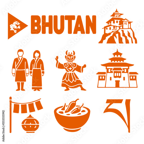 vector isolated orange color bhutan traditional cultural symbols