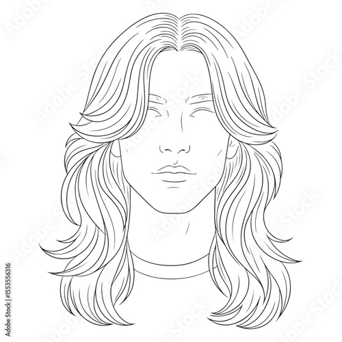 Black and white line drawing of a person's face with long wavy hair