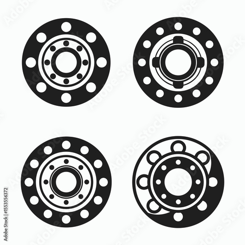 Pipe flange icon set, flange connector silhouette, plumbing flange vector