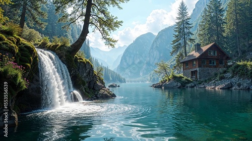 Mountain lake with a waterfall and a house on a rocky shore natural scenery AI generated