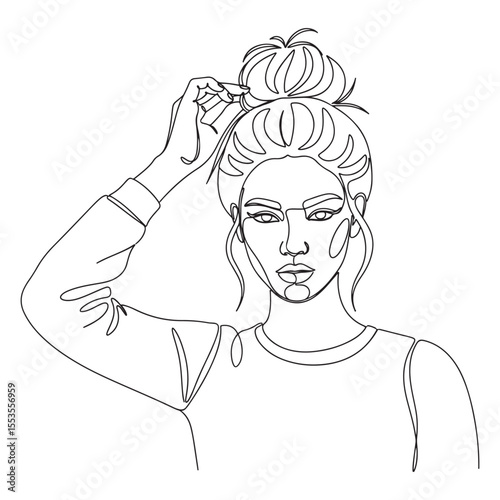 Woman with messy bun adjusting hair in one line drawing
