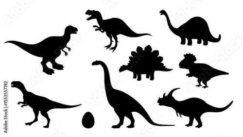 Vector illustration of dinosaur silhouette including Stegosaurus, Brontosaurus, Velociraptor, Triceratops, Tyrannosaurus rex