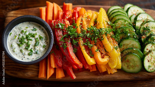 Colorful vegetable platter with dipping sauce on a wooden board at a social gathering