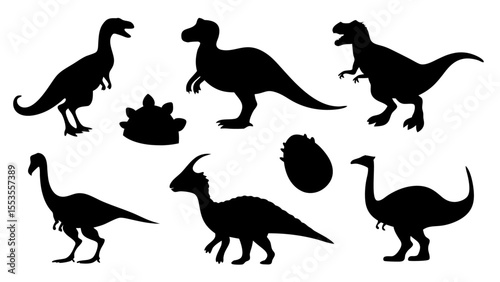 Vector illustration of dinosaur silhouette including Stegosaurus, Brontosaurus, Velociraptor, Triceratops, Tyrannosaurus rex