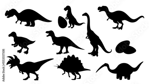Vector illustration of dinosaur silhouette including Stegosaurus, Brontosaurus, Velociraptor, Triceratops, Tyrannosaurus rex