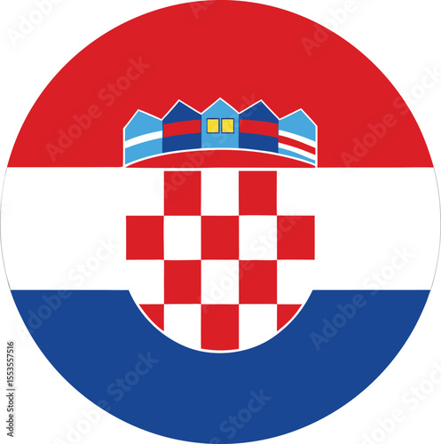 Vector illustration of Croatia national flag in circular shape featuring red, white, and blue tricolor with iconic red and white checkered coat of arms