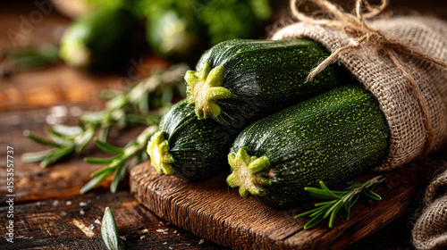 Fresh green zucchini and herbs arranged on a rustic wooden cutting board in a kitchen setting