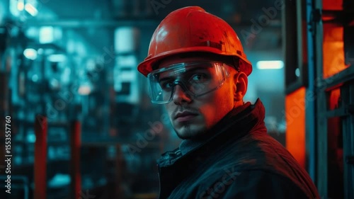 This footage showcases a dedicated worker in an advanced industrial environment. The lighting creates an impactful atmosphere. Ideal for corporate or tech-oriented projects. Generative AI