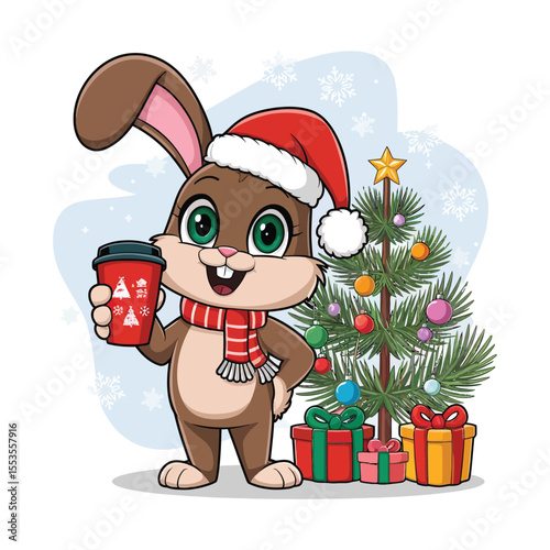 A cheerful brown rabbit with big green eyes, wearing a red Santa hat and a matching red scarf.