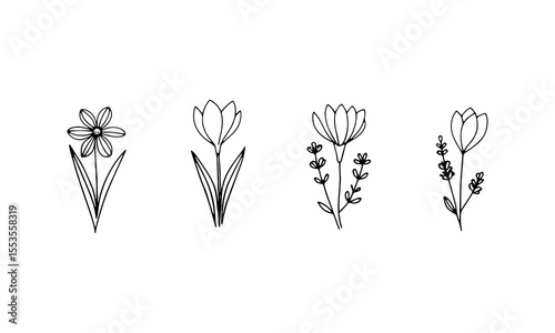 Minimal Botanical Group. A hand-drawn floral group of tulip-like shapes with varied silhouettes and simple stems, perfect for elegant compositions and branding.